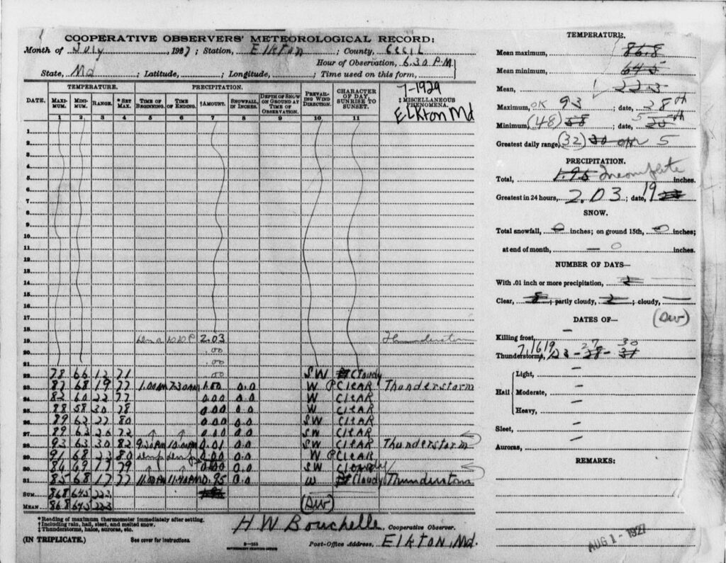 National Weather Service report for Elkton in July 1927