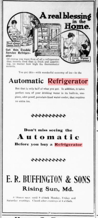 A refrigerator helped beat the heat.  Sold by Buffington's Rising Sun